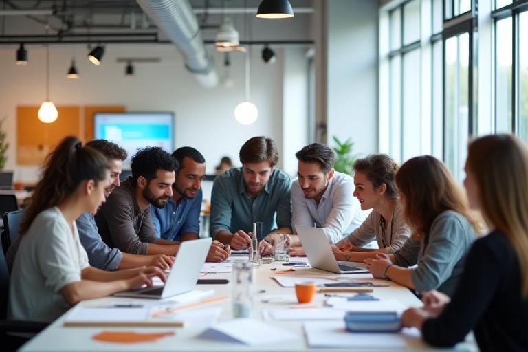 Diverse creative team collaborating enthusiastically in a modern design studio space in Guadalajara.