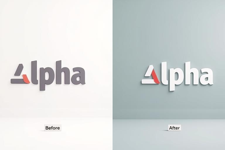 Before and after examples of client Alpha's brand update, showcasing a refined logo and fresher color palette.