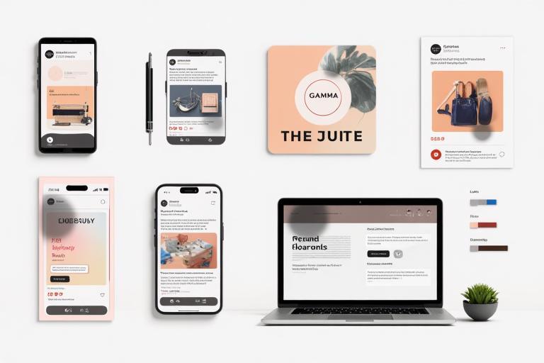 Examples of key digital assets designed for client Gamma, demonstrating consistent application of branding on social media and website elements.